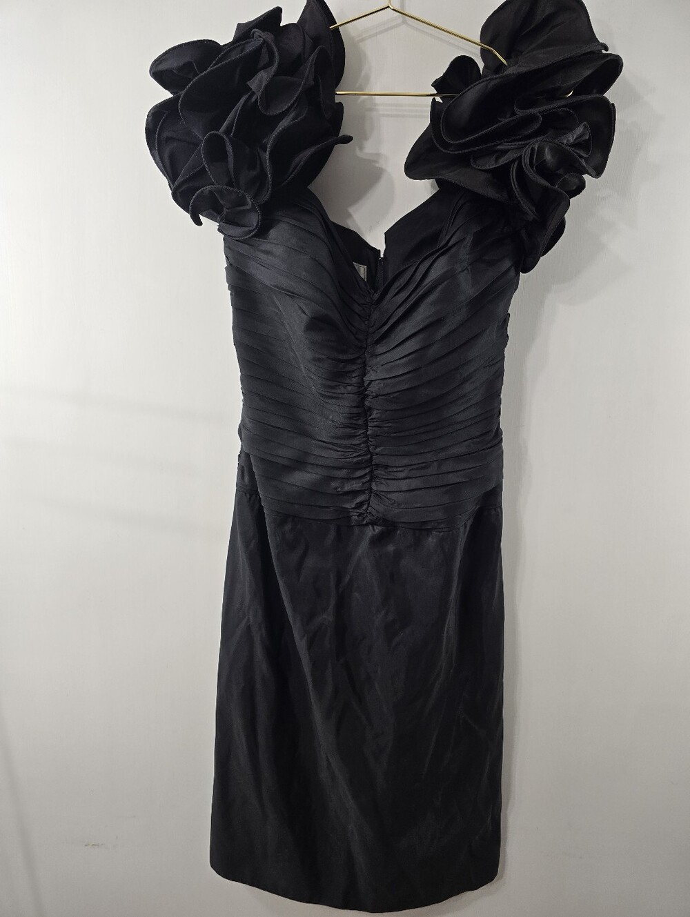 Tadashi Vintage Taffeta Gown Party Solid Black Cocktail Puffy Sleeve Dress Sz 10